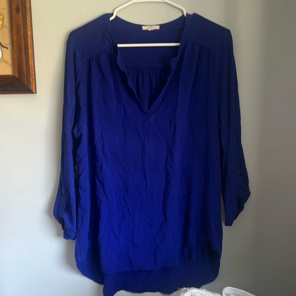 Pleione XL Cobalt Blue Split Neck 3/4 Sleeve Mixed Media Knit Top